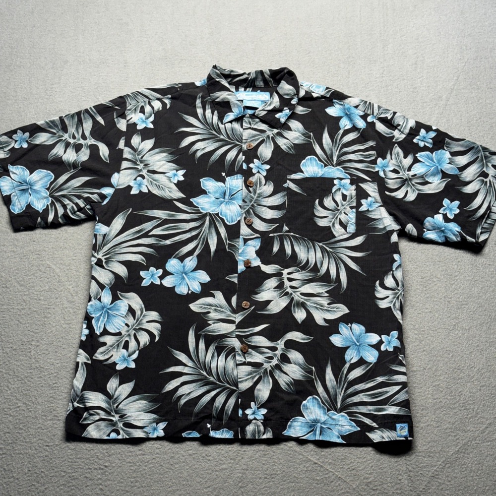Bermuda Bay Mens Large Silk‎ Hawaiian Shirt Tropical Floral Blue Black Marlin L